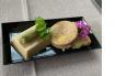 Foie gras de canard mi-cuit à l’Armagnac, pesto de pimprenelle, tourin Gascon en Panna cotta et millas à l’ail des ours